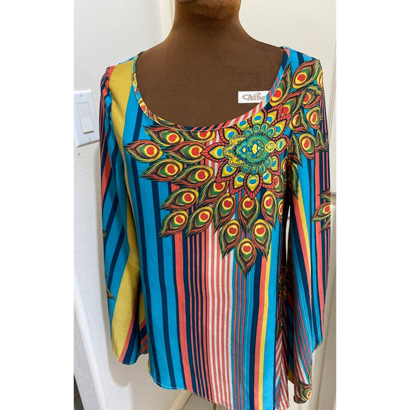 hello miss Colorful Striped Top w/ Peacock Design - Picture 2 of 8